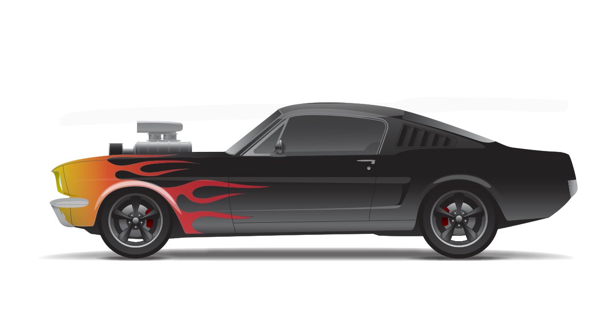 ilustración digital de un auto deportivo de la película rápido y furioso decorado con flamas